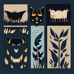 Hand drawn vector abstract graphic cartoon illustrations cards set template with beauty cute minimalistic style wildlife Bat print set. Wild life Bat animal concept design art