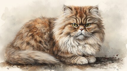 Naklejka na ściany i meble a painting of a fluffy cat with a sad look on its face. generative ai