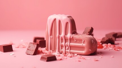  a pink cake with chocolate chunks on the side of it.  generative ai