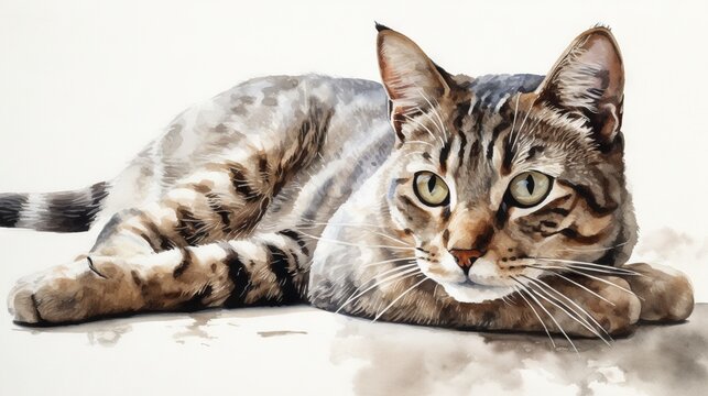  a painting of a cat laying down on the ground looking at the camera.  generative ai