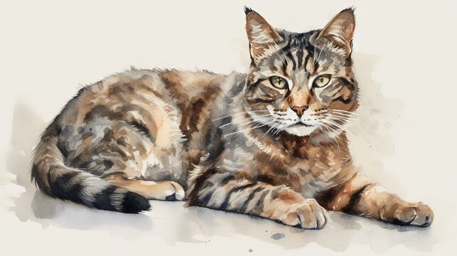  a watercolor painting of a cat laying down on the ground.  generative ai