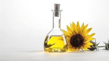  a bottle of sunflower oil next to a sunflower.  generative ai