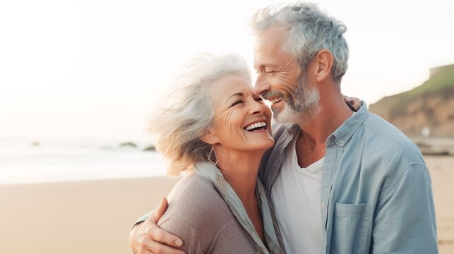 Romantic senior couple by the ocean. Affectionate elderly couple enjoying spending some quality time together after retirement, Generative AI