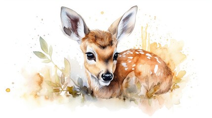 a watercolor painting of a baby deer with leaves around it.  generative ai