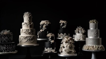  a bunch of different types of cakes on a black table.  generative ai