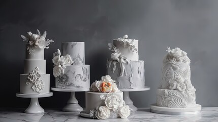  a variety of white wedding cakes on a marble countertop.  generative ai