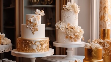  a table topped with three tiered cakes covered in gold and white frosting.  generative ai