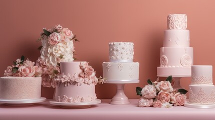  a table topped with lots of different types of cakes and flowers.  generative ai