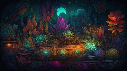 Obraz na płótnie Canvas a digital painting of a garden with plants and flowers at night. generative ai