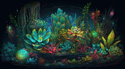 a painting of plants and flowers in a dark room with a black background.  generative ai