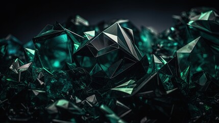  a bunch of shiny green crystals on a black background with a black background.  generative ai