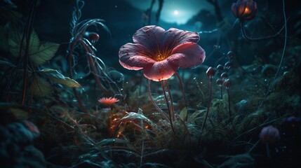 Fototapeta na wymiar a pink flower in the middle of a forest at night. generative ai