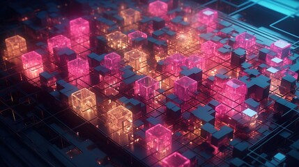  a bunch of pink cubes that are on a table.  generative ai