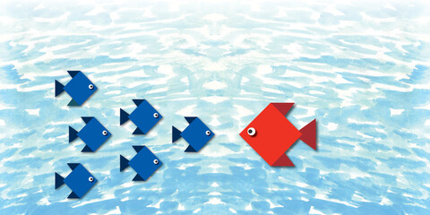 Group of small fish with one big red fish in the sea blue background. Design for conflict of interest or confrontation, opposition, change concept. space for text. illustration paper cut design style. - obrazy, fototapety, plakaty