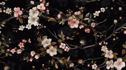  a black background with pink and white flowers and branches of a tree.  generative ai