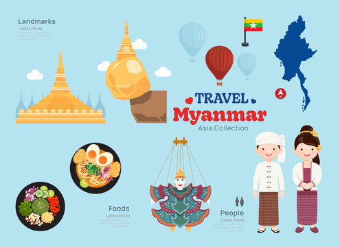 Travel Myanmar flat icons set. burmese element icon map and landmarks symbols and objects collection. Vector Illustration