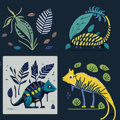 Hand drawn vector abstract graphic cartoon illustrations cards set template with beauty cute minimalistic style wildlife Chameleon print set. Wild life Chameleon animal concept design art
