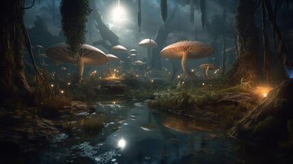 Fototapeta na wymiar Alien World Landscape, Fantasy Background, Digital Illustration, Concept Art, Generative AI