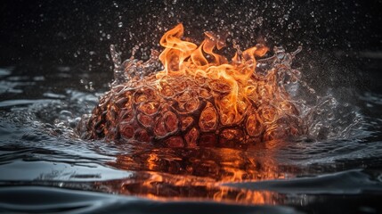  a pineapple is in the water with fire coming out of it.  generative ai