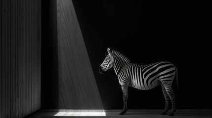  a zebra standing in a dark room with a light coming from behind it.  generative ai