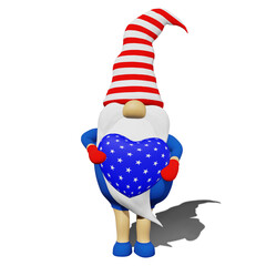 United States Independence Day gnome striped hat 3D rendering on transparent background clipart shadow. 4th of July national USA flag greeting card design. Scandinavian character patriotic symbolics.