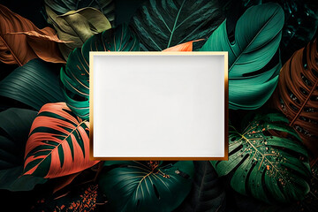 Mockup empty photo frame with tropical leaf Monstera. generative ai