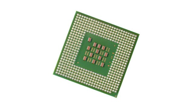 Top view computer processor isolated on white background. CPU. Central processor unit rotates