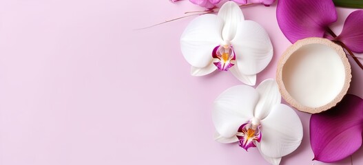 Fototapeta na wymiar close up flat lay orchid flowers banner background, Generative Ai