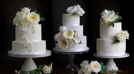  a variety of wedding cakes with white flowers on each of them.  generative ai