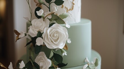  a three tiered cake with white flowers on top of it.  generative ai