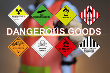A warehouse worker in a reflective coat points with a pen at the words Dangerous goods letters and...