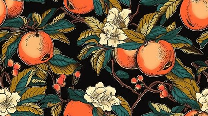  a pattern of oranges and flowers on a black background.  generative ai