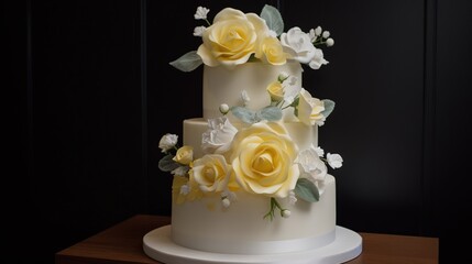  a three tiered cake with yellow and white flowers on it.  generative ai