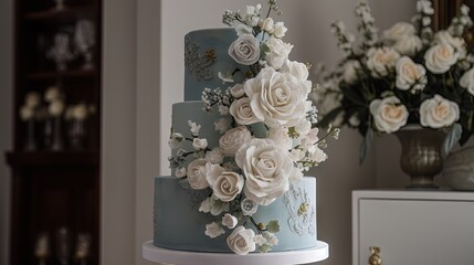  a three tiered blue cake with white flowers on it.  generative ai