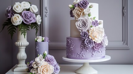  a purple and white wedding cake with flowers on top of it.  generative ai
