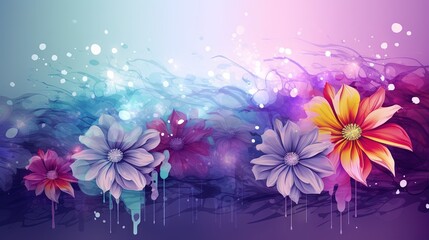  a painting of flowers on a purple and blue background with bubbles.  generative ai