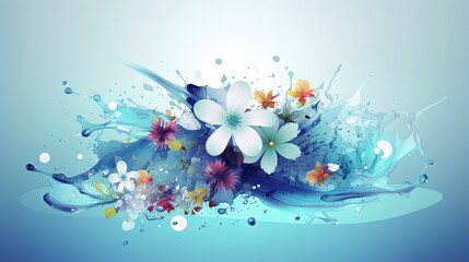  a blue background with flowers and water splashing on it.  generative ai
