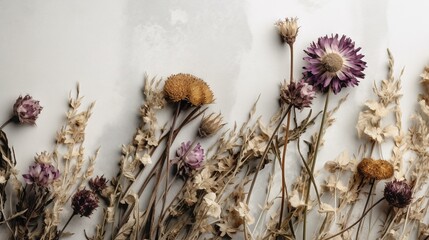  dried flowers on a white surface with a white wall in the background.  generative ai