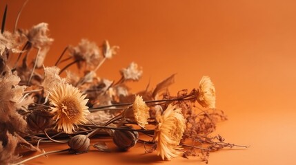 Fototapeta na wymiar a bunch of dead flowers on a orange background with a few dead ones. generative ai