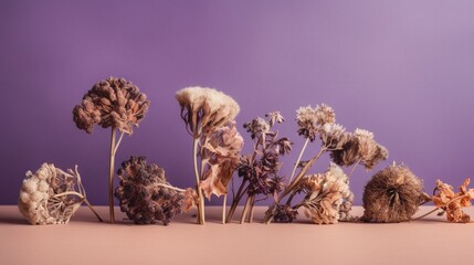  a group of dried flowers sitting on top of a table.  generative ai