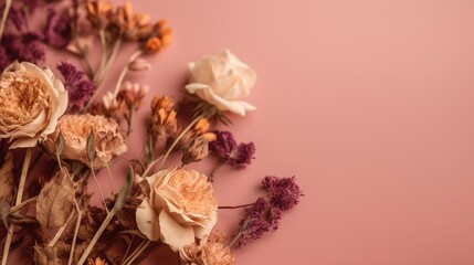  a bunch of dried flowers on a pink background with space for text.  generative ai