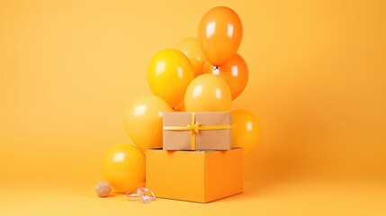  a box with a present and balloons on a yellow background.  generative ai