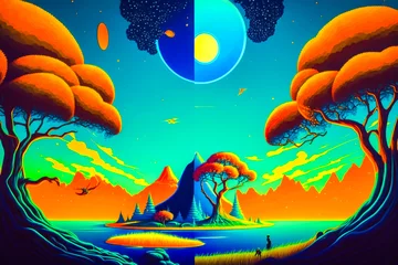 Zelfklevend Fotobehang Painting of landscape with trees and moon. Generative AI. © Констянтин Батыльчук