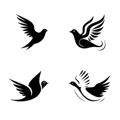 Pigeon silhouettes. Vector flying doves on a white background. Four doves. Set logo