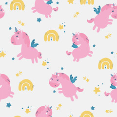 Unicorn seamless pattern. Vector cartoon cute characters in simple childish hand-drawn scandinavian style. Colorful palette ideal for printing baby textiles, clothing