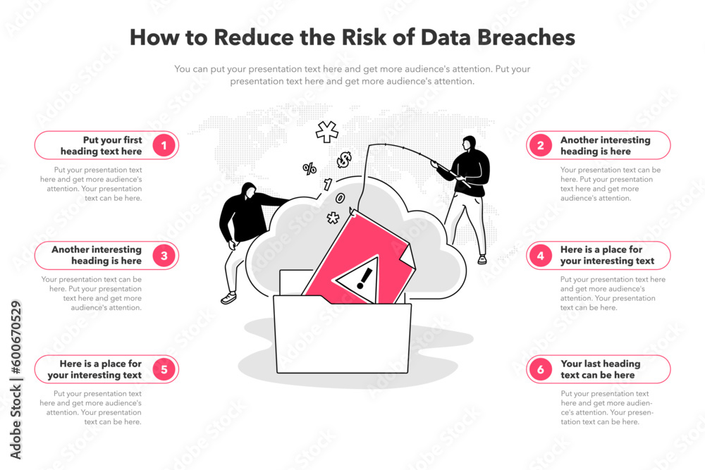 Aufkleber Simple infographic template for how to reduce the risk of data breaches. 6 stages template with two hackers stealing confidential data from a secured system.