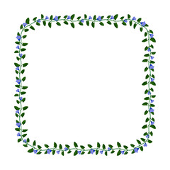 Green blooming liana plant frame with blue flowers. Cartoon thin square border for greeting card decorating, invitation cards. Colored vector isolated on white background