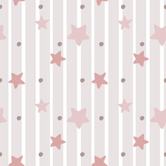 Cute seamless paintings in beige tones. Repeating scattered stars and round dots on a striped background.