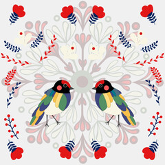 folklore birds  in red, blue, yellow, green, pink, black, milky colors with red flowers, red and blue leaves on a background with a folklore pattern