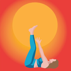 yoga girl in blue suit in a lying pose on her back with raised legs and arms to the top. Between girl's legs and arms a ball that looks like the sun, the background is the color of the sun at sunset